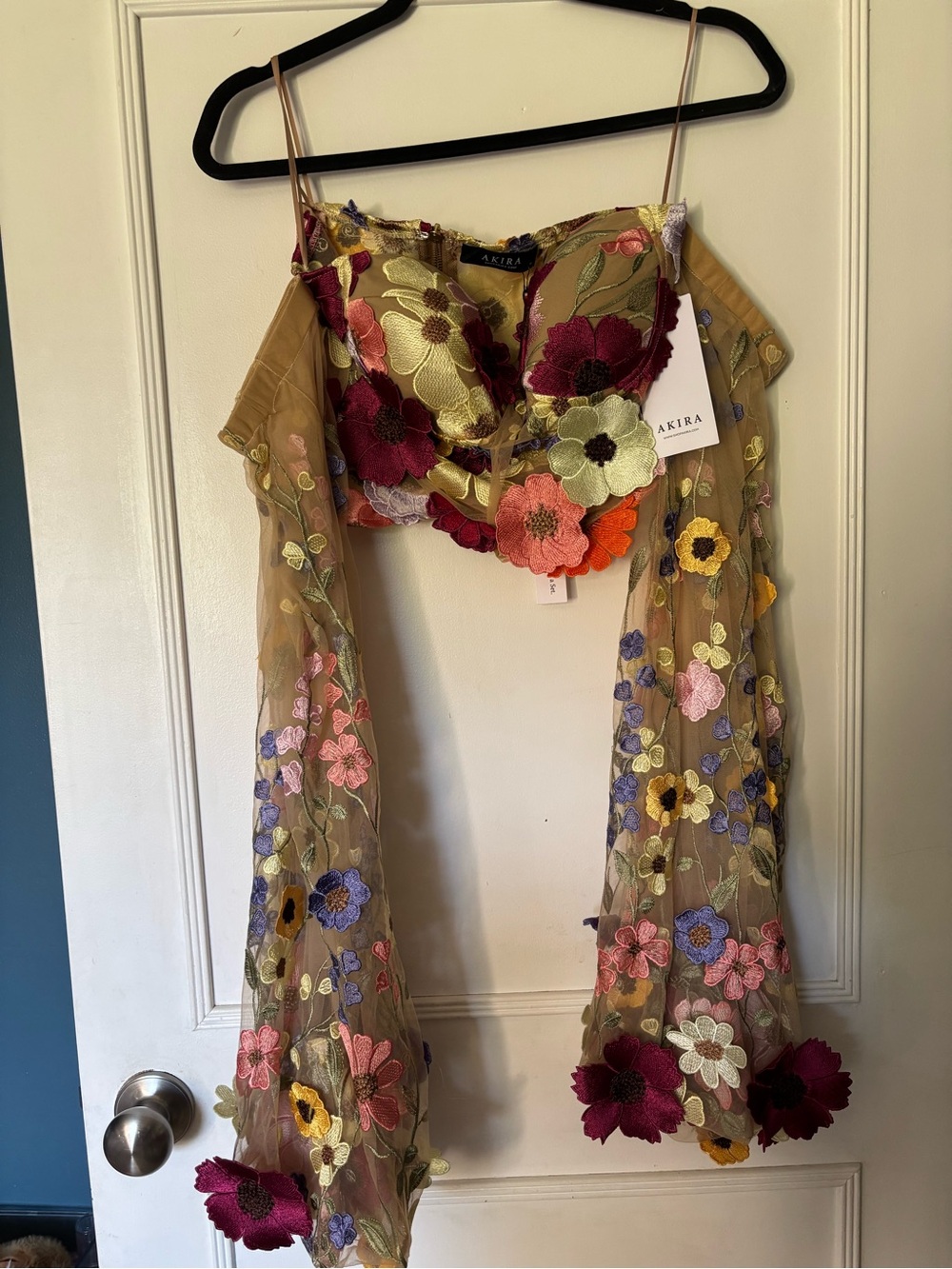 Akira Multicolor Floral Embroidered Crop Top with Sheer Scarf